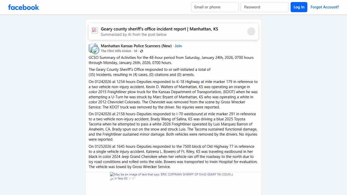 Manhattan Kansas Police Scanners (New) GCSO Summary of Activities for the 48-hour period from Saturday, January 24th, 2026, 0700 hours through Monday, January 26th, 2026, 0700 hours Facebook